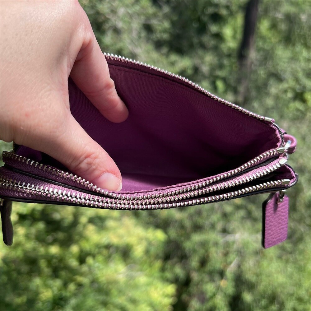 COACH Pebbled Leather Wristlet Wallet Double Zip Purple w Silver Hardware - Picture 7 of 15